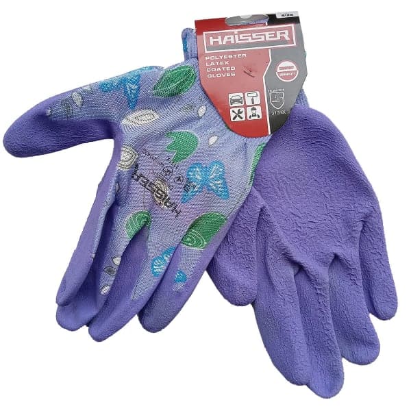 Рукавички поліестер фіолетові з зеленим латексним покриттям Haisser 211432 - зображення 1