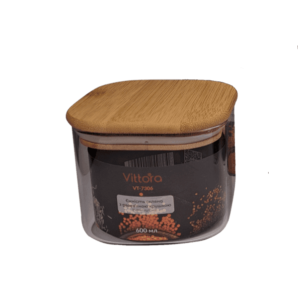 Ємність скляна з дерев яною кришкою прямокутна VT-7306 Vittora 600 мл - зображення 1