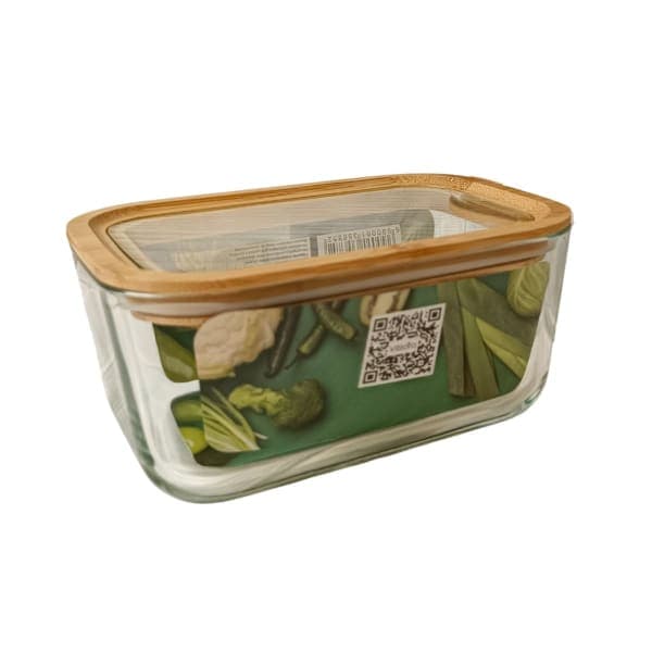 Харчовий контейнер VT-8680 скляний з скляною дерев яною кришкою, прямокутний 1380 мл. Vittora - зображення 1